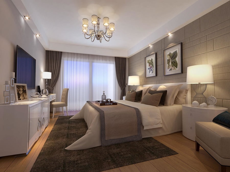 清爽的色彩+简洁的线条搭配出的现代简约风卧室效果图