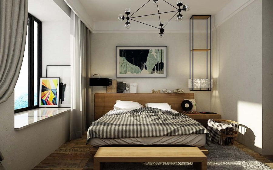 清爽的色彩+简洁的线条搭配出的现代简约风卧室效果图